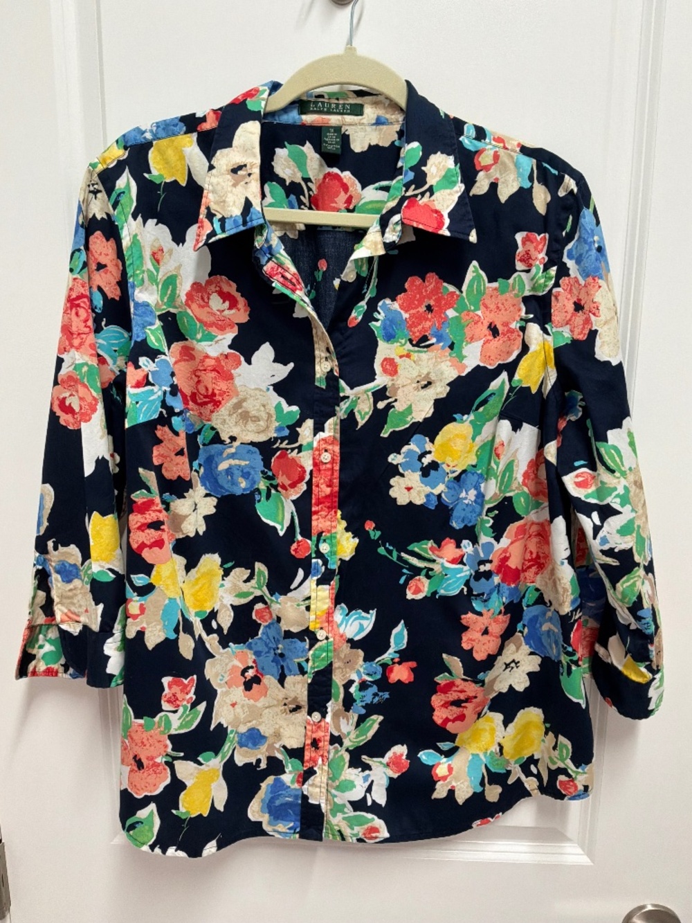 LAUREN Ralph Lauren 1x Plus Navy Floral 3/4 sleeve shirt top